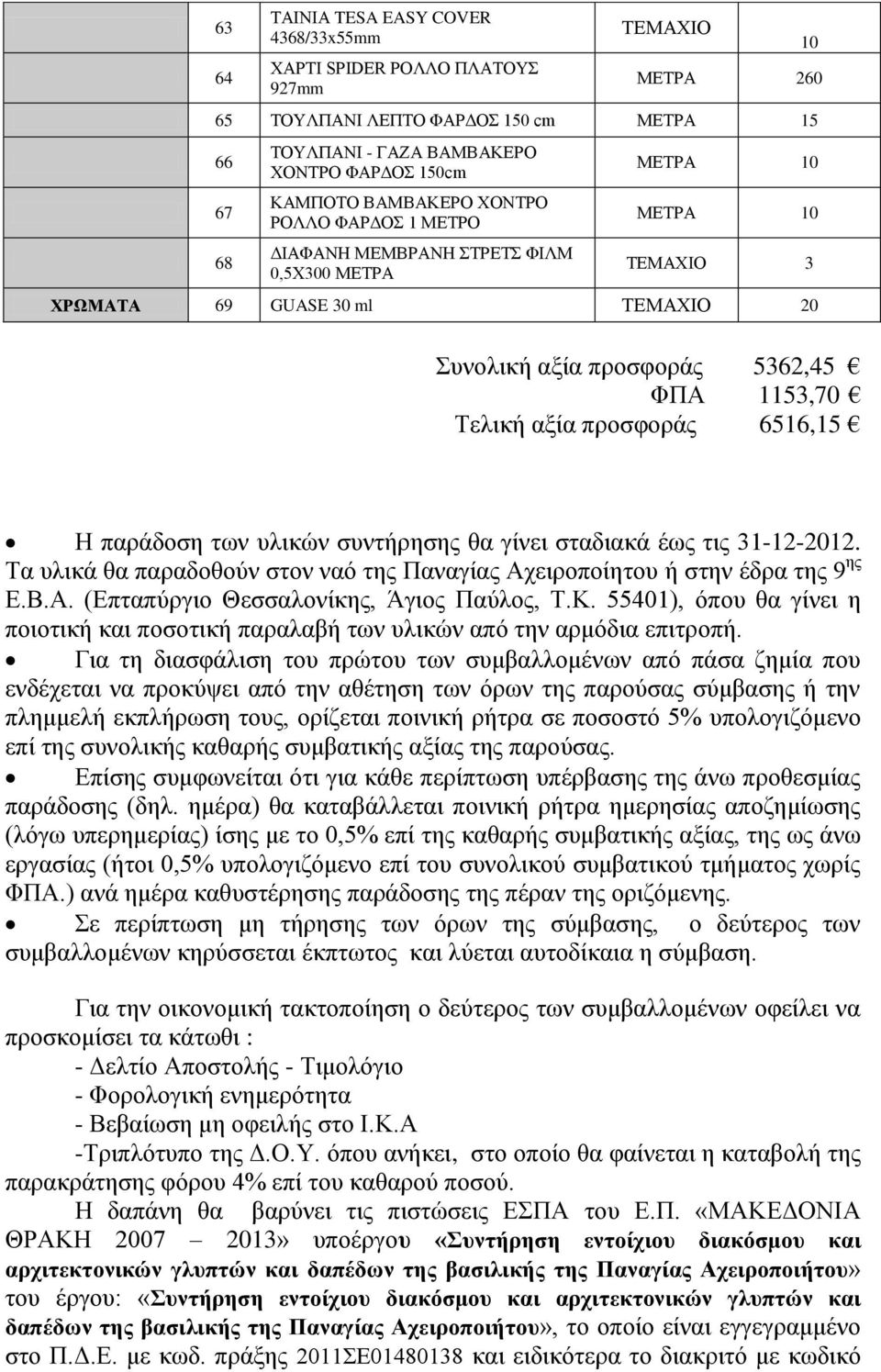 προσφοράς 6516,15 Η παράδοση των υλικών συντήρησης θα γίνει σταδιακά έως τις 31-12-2012. Τα υλικά θα παραδοθούν στον ναό της Παναγίας Αχειροποίητου ή στην έδρα της 9 ης Ε.Β.Α. (Επταπύργιο Θεσσαλονίκης, Άγιος Παύλος, Τ.