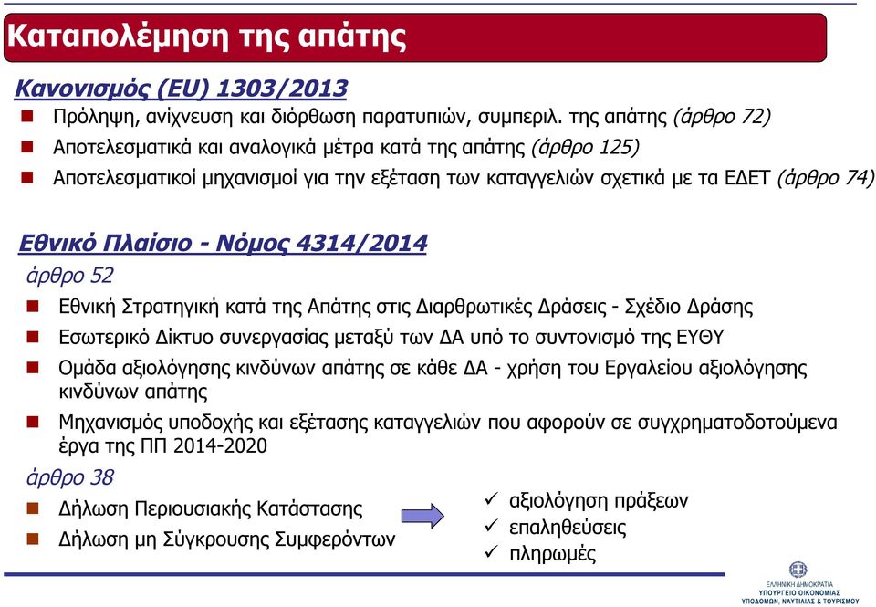 Νόμος 4314/2014 άρθρο 52 Εθνική Στρατηγική κατά της Απάτης στις Διαρθρωτικές Δράσεις - Σχέδιο Δράσης Εσωτερικό Δίκτυο συνεργασίας μεταξύ των ΔΑ υπό το συντονισμό της ΕΥΘΥ Ομάδα αξιολόγησης