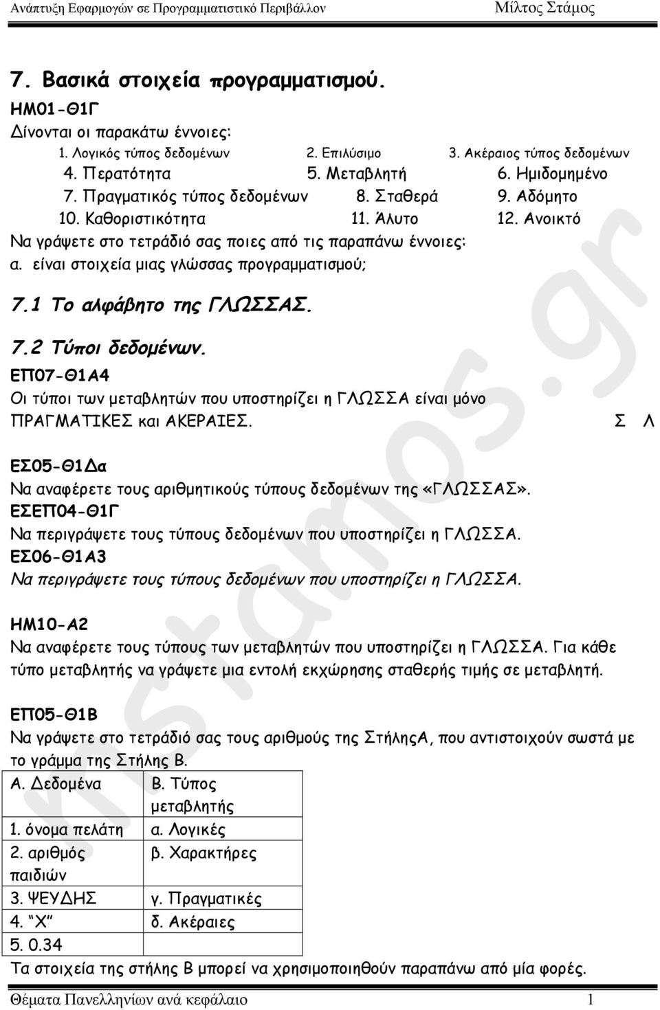 είναι στοιχεία µιας γλώσσας προγραµµατισµού; 7.1 Το αλφάβητο της ΓΛΩΣΣΑΣ. 7.2 Τύποι δεδοµένων. ΕΠ07-Θ1A4 Οι τύποι των µεταβλητών που υποστηρίζει η ΓΛΩΣΣΑ είναι µόνο ΠΡΑΓΜΑΤΙΚΕΣ και ΑΚΕΡΑΙΕΣ.