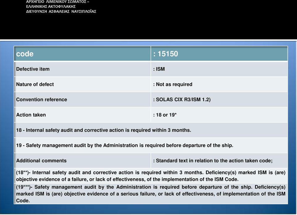 Additional comments : Standard text in relation to the action taken code; (18**)- Internal safety audit and corrective action is required within 3 months.