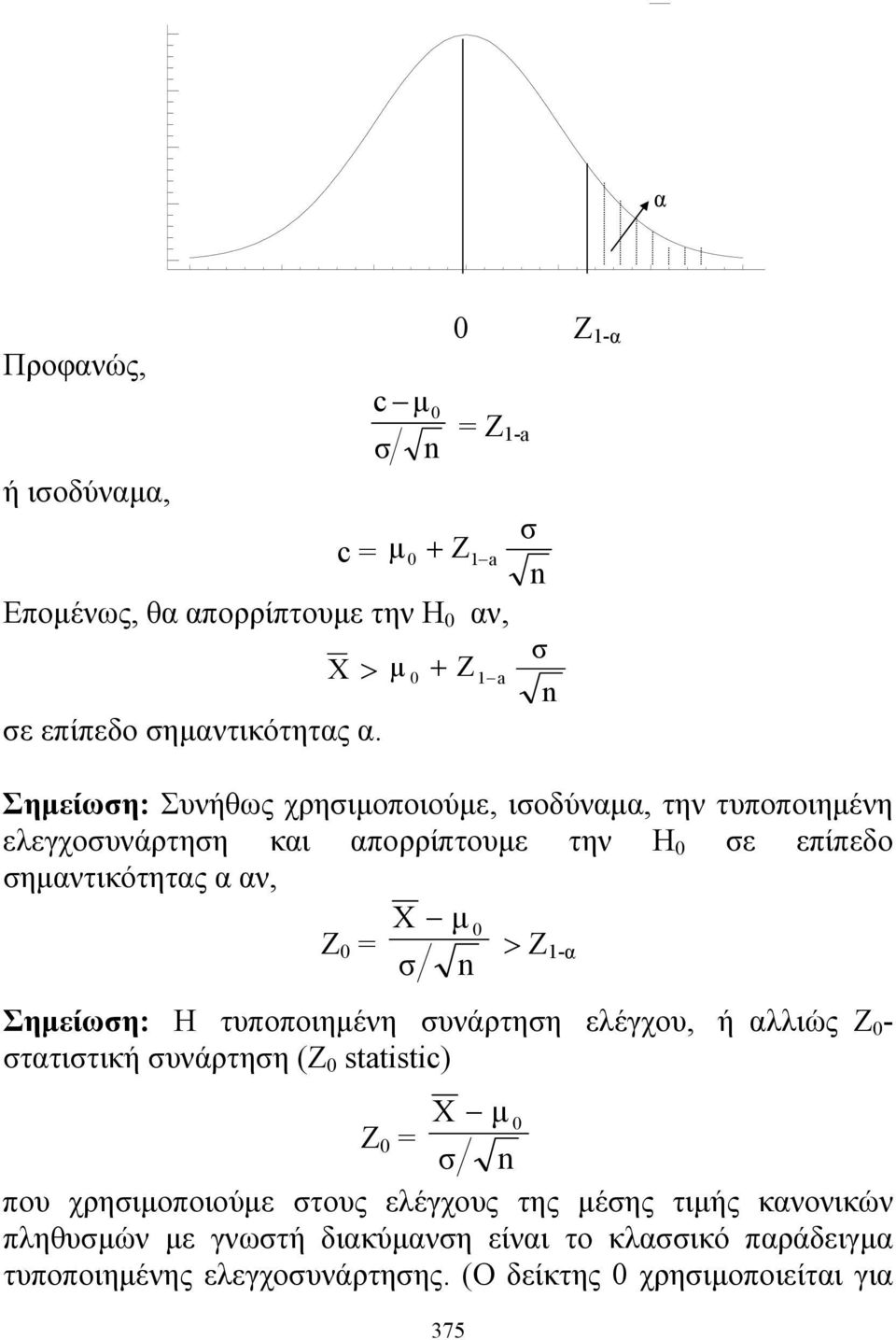 1-α σ Σηείωση: Η τυποποιηένη συνάρτηση ελέγχου, ή αλλιώς Ζ - στατιστική συνάρτηση (Ζ statistic) X Z = σ που χρησιοποιούε στους ελέγχους