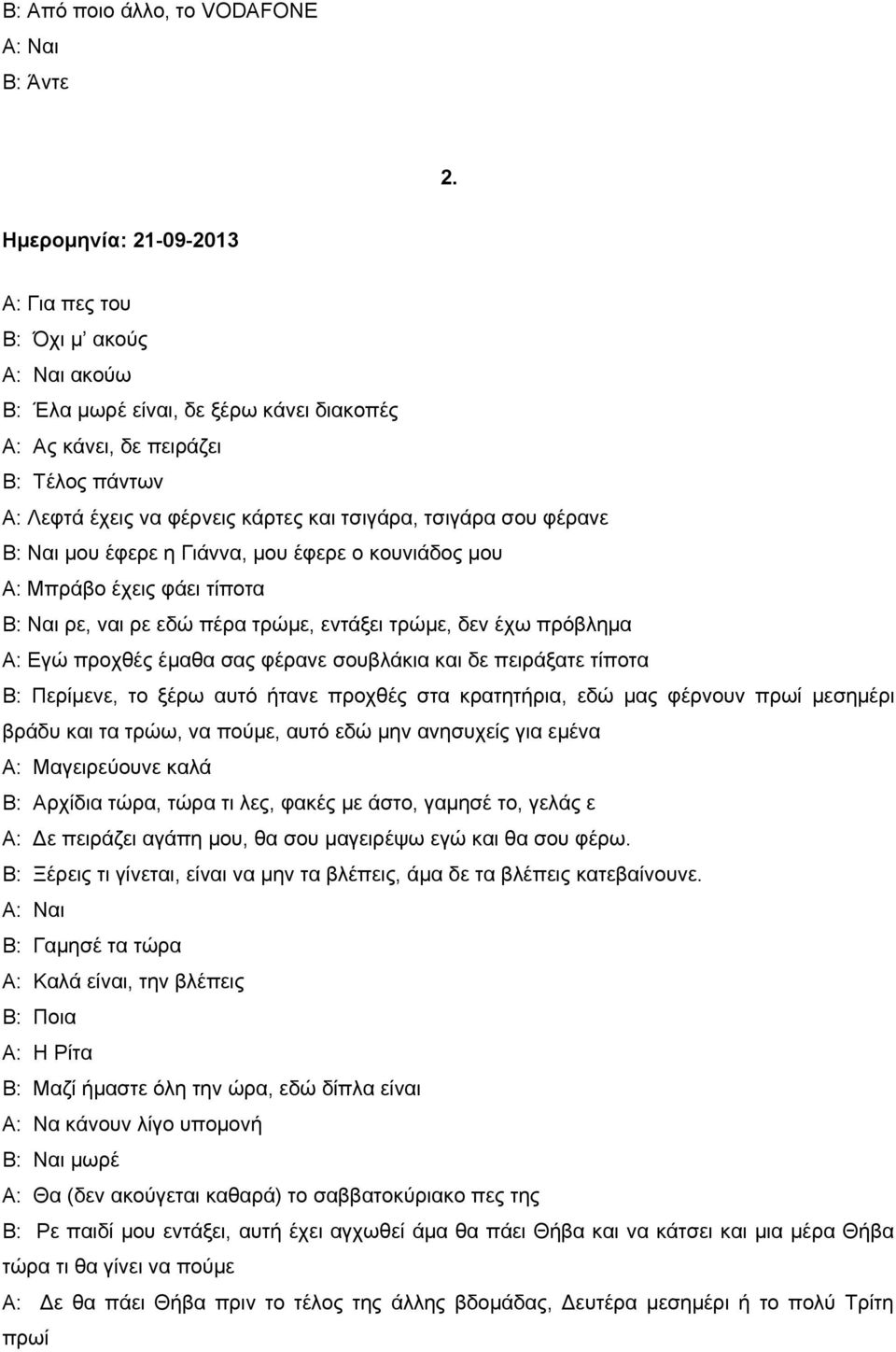 φέρανε Β: Ναι μου έφερε η Γιάννα, μου έφερε ο κουνιάδος μου Α: Μπράβο έχεις φάει τίποτα Β: Ναι ρε, ναι ρε εδώ πέρα τρώμε, εντάξει τρώμε, δεν έχω πρόβλημα Α: Εγώ προχθές έμαθα σας φέρανε σουβλάκια και