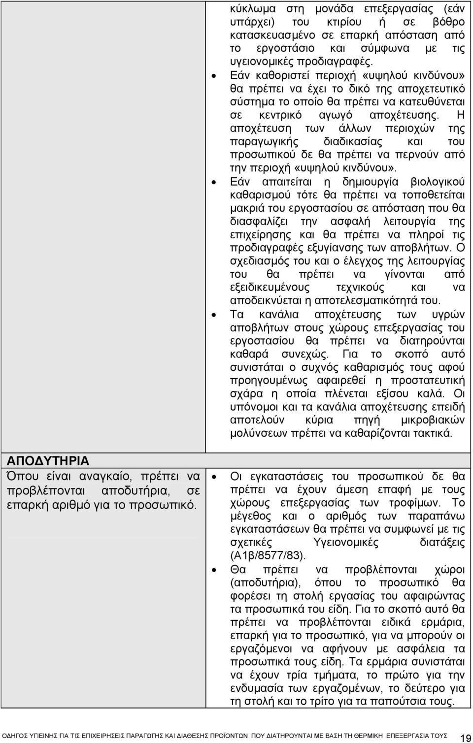 Η αποχέτευση των άλλων περιοχών της παραγωγικής διαδικασίας και του προσωπικού δε θα πρέπει να περνούν από την περιοχή «υψηλού κινδύνου».