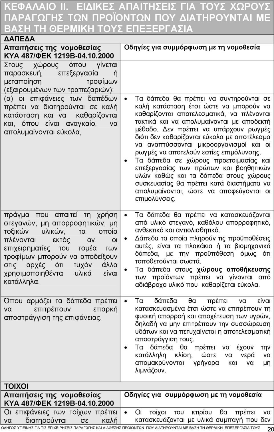 και, όπου είναι αναγκαίο, να απολυµαίνονται εύκολα, Οδηγίες για συµµόρφωση µε τη νοµοθεσία Τα δάπεδα θα πρέπει να συντηρούνται σε καλή κατάσταση έτσι ώστε να µπορούν να καθαρίζονται αποτελεσµατικά,