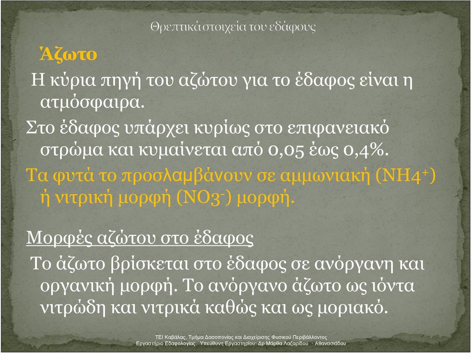 Τα φυτά το προσλαμβάνουν σε αμμωνιακή (ΝΗ4 + ) ή νιτρική μορφή (ΝΟ3 - ) μορφή.