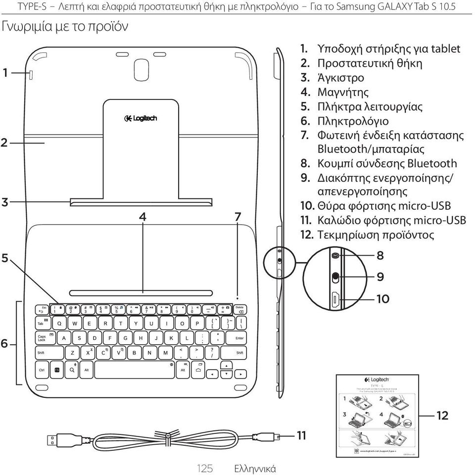 Υποδοχή στήριξης για tablet 2. Προστατευτική θήκη 3. Άγκιστρο 4. Μαγνήτης 5. Πλήκτρα λειτουργίας 6. Πληκτρολόγιο 7.