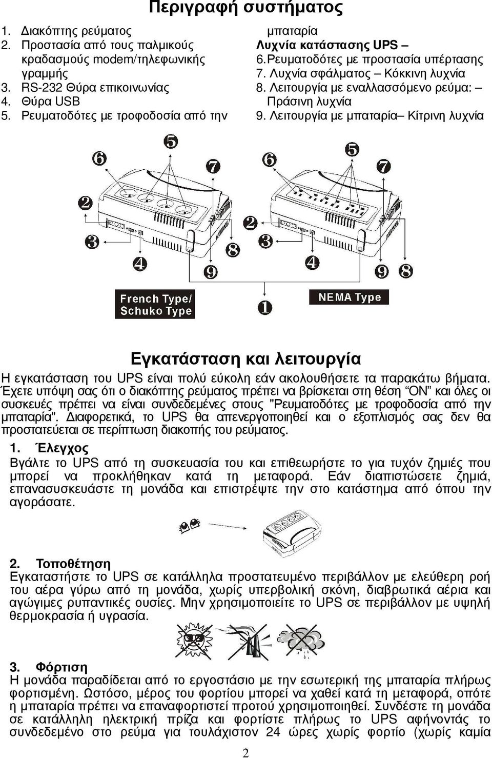 Λειτουργία µε εναλλασσόµενο ρεύµα: Πράσινη λυχνία 9. Λειτουργία µε µπαταρία Κίτρινη λυχνία Εγκατάσταση και λειτουργία Η εγκατάσταση του UPS είναι πολύ εύκολη εάν ακολουθήσετε τα παρακάτω βήµατα.