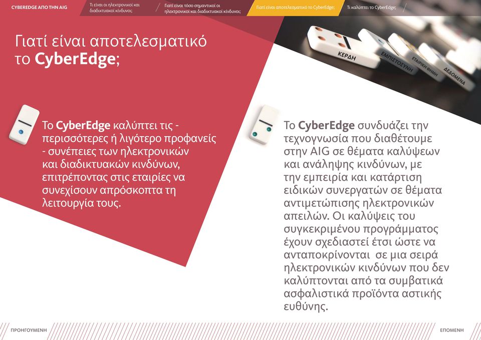 Το CyberEdge συνδυάζει την τεχνογνωσία που διαθέτουμε στην AIG σε θέματα καλύψεων και ανάληψης κινδύνων, με την εμπειρία και κατάρτιση ειδικών συνεργατών σε