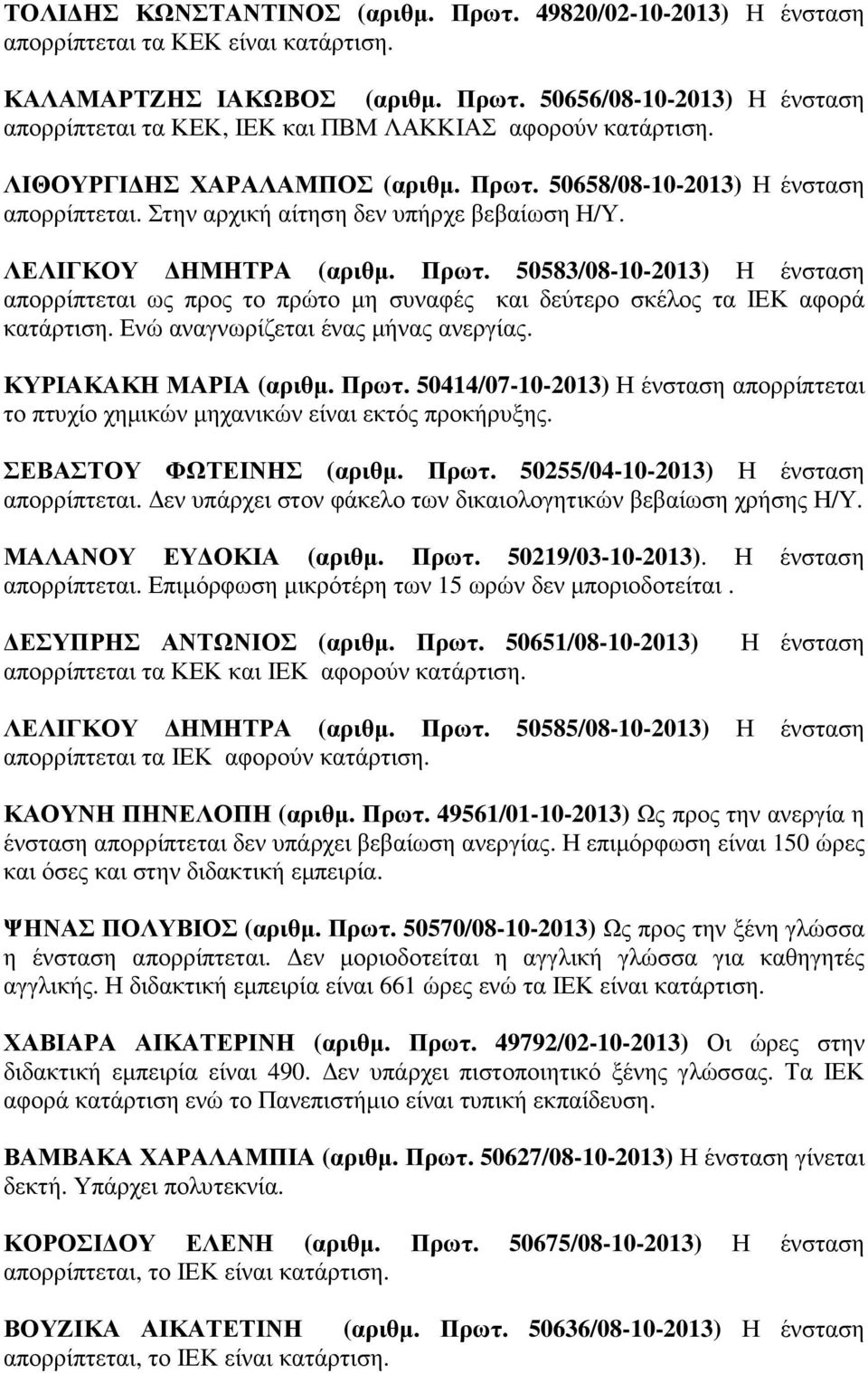 Ενώ αναγνωρίζεται ένας µήνας ανεργίας. ΚΥΡΙΑΚΑΚΗ ΜΑΡΙΑ (αριθµ. Πρωτ. 50414/07-10-2013) Η ένσταση απορρίπτεται το πτυχίο χηµικών µηχανικών είναι εκτός προκήρυξης. ΣΕΒΑΣΤΟΥ ΦΩΤΕΙΝΗΣ (αριθµ. Πρωτ. 50255/04-10-2013) Η ένσταση απορρίπτεται.