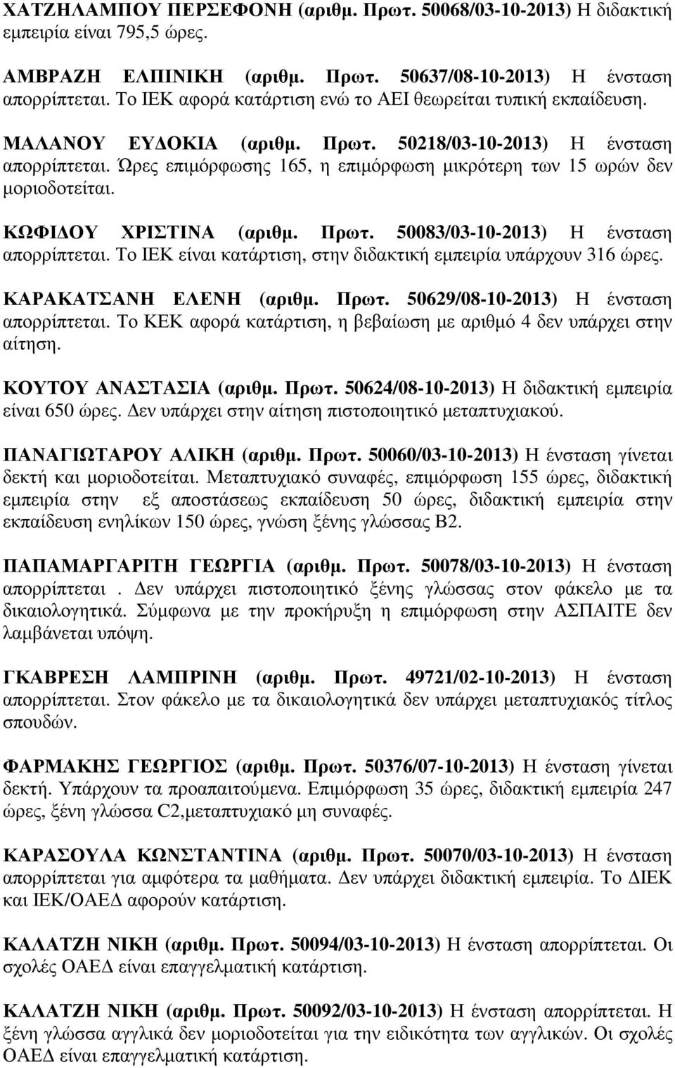Ώρες επιµόρφωσης 165, η επιµόρφωση µικρότερη των 15 ωρών δεν µοριοδοτείται. ΚΩΦΙ ΟΥ ΧΡΙΣΤΙΝΑ (αριθµ. Πρωτ. 50083/03-10-2013) Η ένσταση απορρίπτεται.