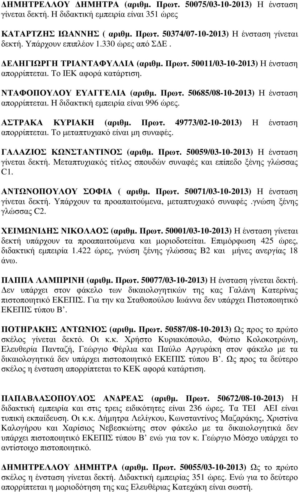 Η διδακτική εµπειρία είναι 996 ώρες. ΑΣΤΡΑΚΑ ΚΥΡΙΑΚΗ (αριθµ. Πρωτ. 49773/02-10-2013) Η ένσταση απορρίπτεται. Το µεταπτυχιακό είναι µη συναφές. ΓΑΛΑΖΙΟΣ ΚΩΝΣΤΑΝΤΙΝΟΣ (αριθµ. Πρωτ. 50059/03-10-2013) Η ένσταση γίνεται δεκτή.