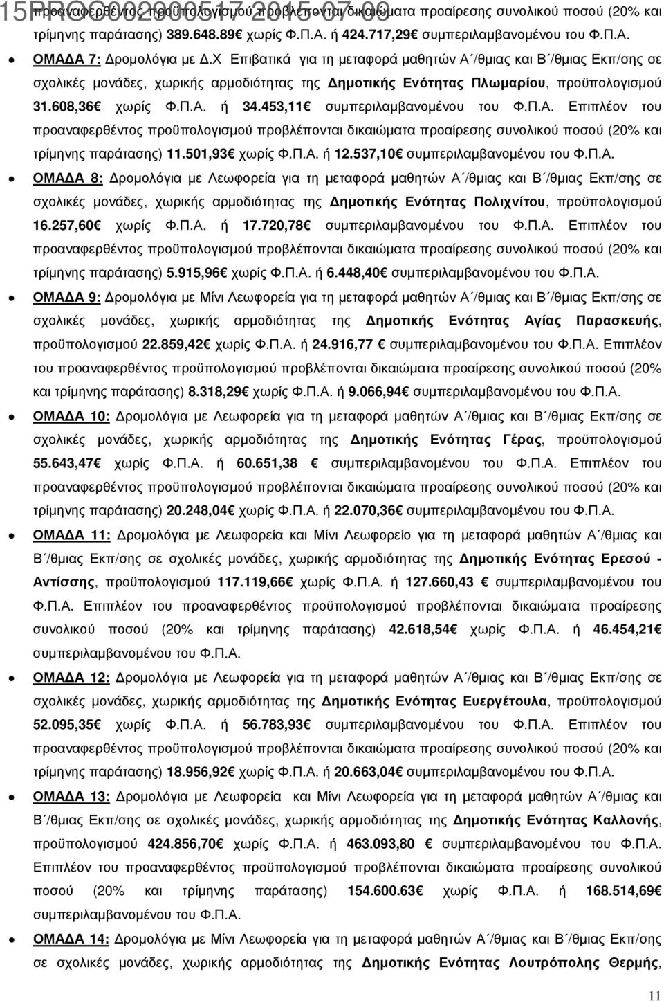 453,11 συµπεριλαµβανοµένου του Φ.Π.Α. Επιπλέον του προαναφερθέντος προϋπολογισµού προβλέπονται δικαιώµατα προαίρεσης συνολικού ποσού (20% και τρίµηνης παράτασης) 11.501,93 χωρίς Φ.Π.Α. ή 12.