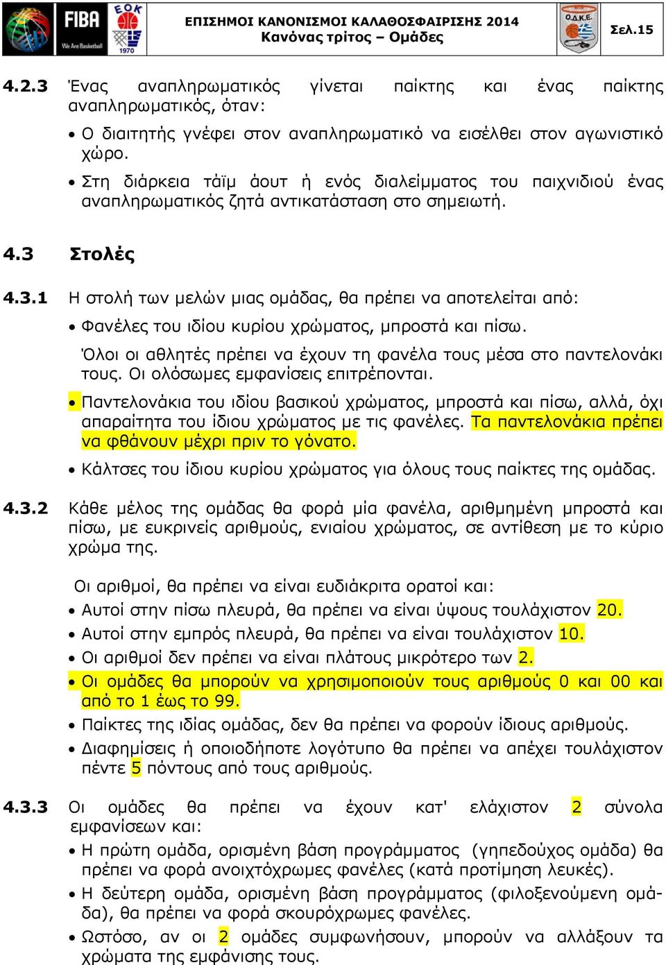 Στολές 4.3.1 Η στολή των μελών μιας ομάδας, θα πρέπει να αποτελείται από: Φανέλες του ιδίου κυρίου χρώματος, μπροστά και πίσω. Όλοι οι αθλητές πρέπει να έχουν τη φανέλα τους μέσα στο παντελονάκι τους.