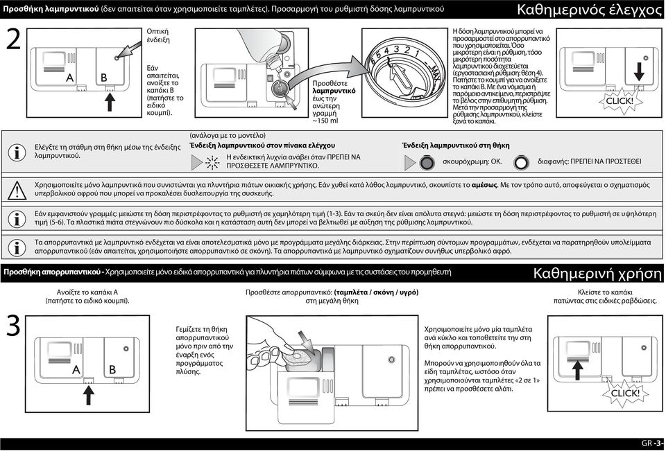 Καθημερινός έλεγχος διαφανής: ΠΡΕΠΕΙ ΝΑ ΠΡΟΣΤΕΘΕΙ Χρησιμοποιείτε μόνο λαμπρυντικά που συνιστώνται για πλυντήρια πιάτων οικιακής χρήσης. Εάν χυθεί κατά λάθος λαμπρυντικό, σκουπίστε το αμέσως.