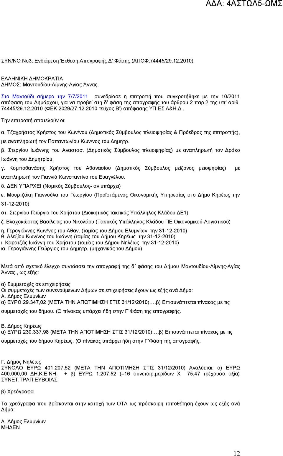 2010 (ΦΕΚ 2029/27.12.2010 τεύχος Β ) απόφασης ΥΠ.ΕΣ.Α&Η.Δ. Την επιτροπή αποτελούν οι: α.