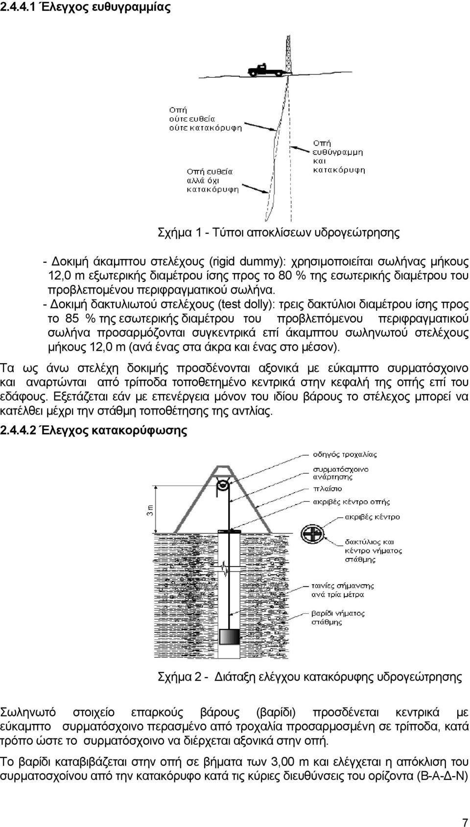 - Δοκιμή δακτυλιωτού στελέχους (test dolly): τρεις δακτύλιοι διαμέτρου ίσης προς το 85 % της εσωτερικής διαμέτρου του προβλεπόμενου περιφραγματικού σωλήνα προσαρμόζονται συγκεντρικά επί άκαμπτου