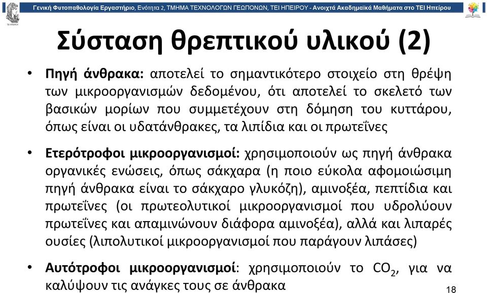 ποιο εύκολα αφομοιώσιμη πηγή άνθρακα είναι το σάκχαρο γλυκόζη), αμινοξέα, πεπτίδια και πρωτεΐνες (οι πρωτεολυτικοί μικροοργανισμοί που υδρολύουν πρωτεΐνες και απαμινώνουν διάφορα