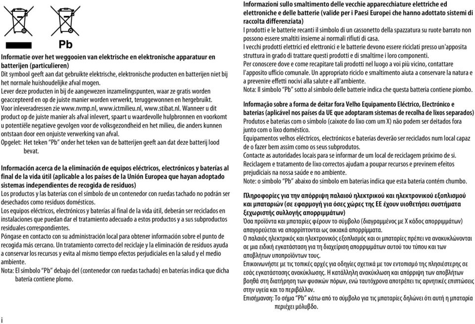 Lever deze producten in bij de aangewezen inzamelingspunten, waar ze gratis worden geaccepteerd en op de juiste manier worden verwerkt, teruggewonnen en hergebruikt. Voor inleveradressen zie www.nvmp.