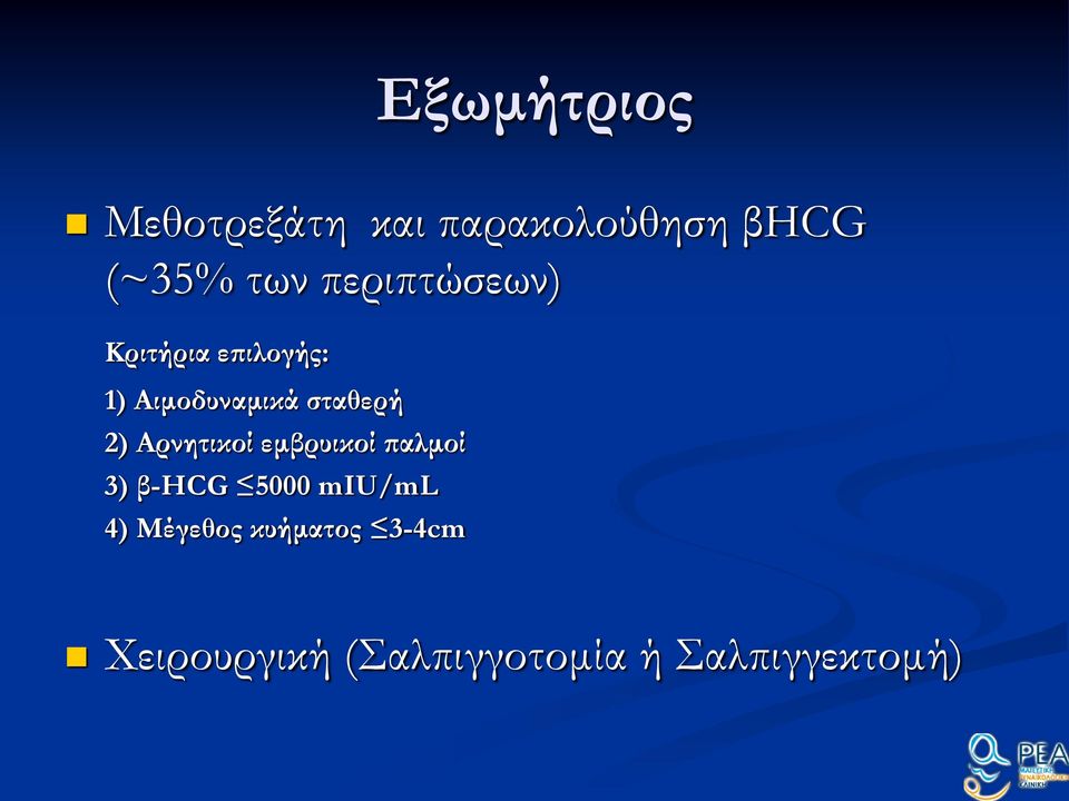 2) Αρνητικοί εμβρυικοί παλμοί 3) β-hcg 5000 miu/ml 4)