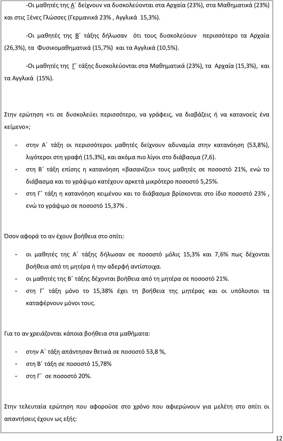 -Οι μακθτζσ τθσ Γϋ τάξθσ δυςκολεφονται ςτα Μακθματικά (23%), τα Αρχαία (15,3%), και τα Αγγλικά (15%).