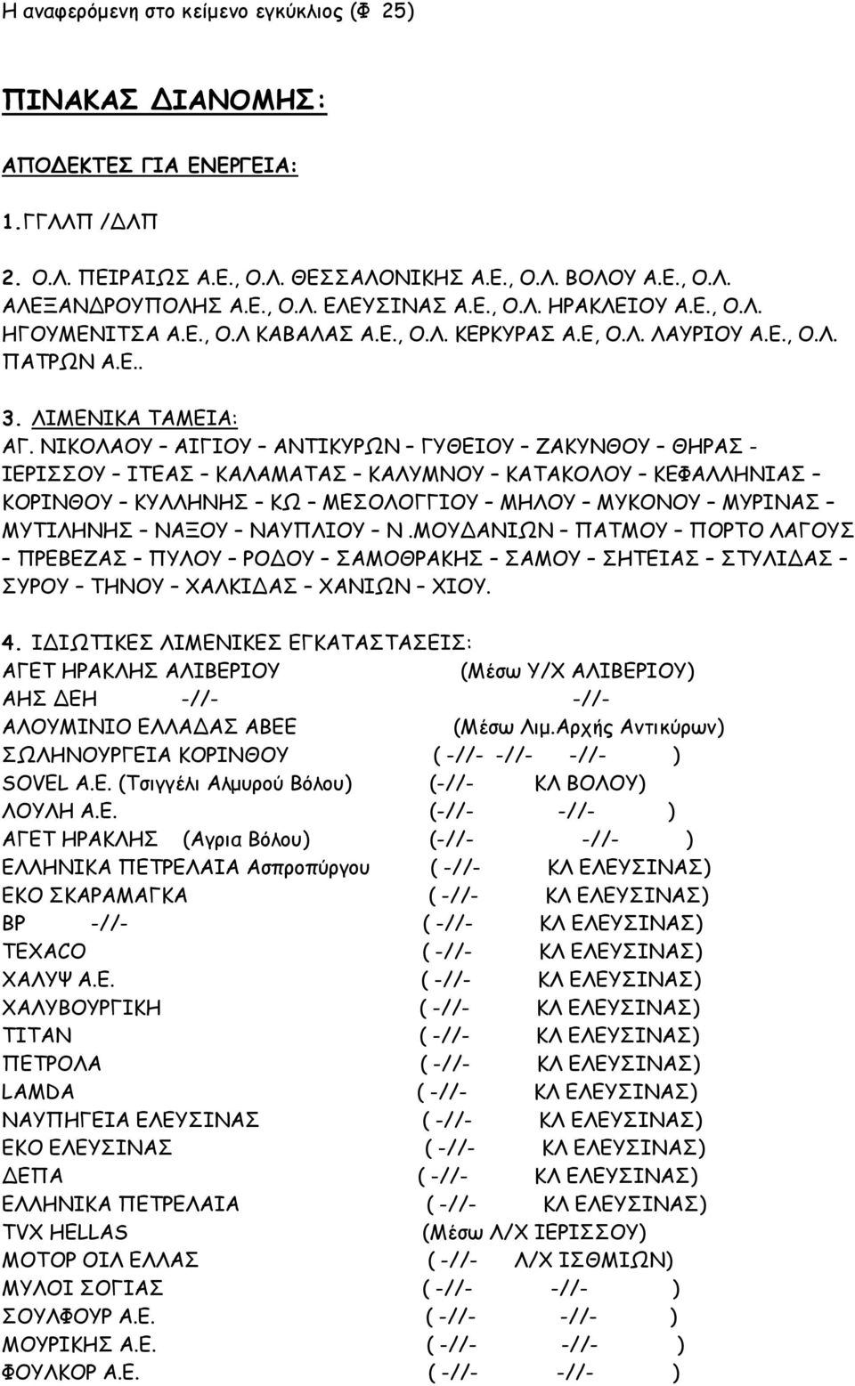 ΝΙΚΟΛΑΟΥ ΑΙΓΙΟΥ ΑΝΤΙΚΥΡΩΝ ΓΥΘΕΙΟΥ ΖΑΚΥΝΘΟΥ ΘΗΡΑΣ - ΙΕΡΙΣΣΟΥ ΙΤΕΑΣ ΚΑΛΑΜΑΤΑΣ ΚΑΛΥΜΝΟΥ ΚΑΤΑΚΟΛΟΥ ΚΕΦΑΛΛΗΝΙΑΣ ΚΟΡΙΝΘΟΥ ΚΥΛΛΗΝΗΣ ΚΩ ΜΕΣΟΛΟΓΓΙΟΥ ΜΗΛΟΥ ΜΥΚΟΝΟΥ ΜΥΡΙΝΑΣ ΜΥΤΙΛΗΝΗΣ ΝΑΞΟΥ ΝΑΥΠΛΙΟΥ Ν.