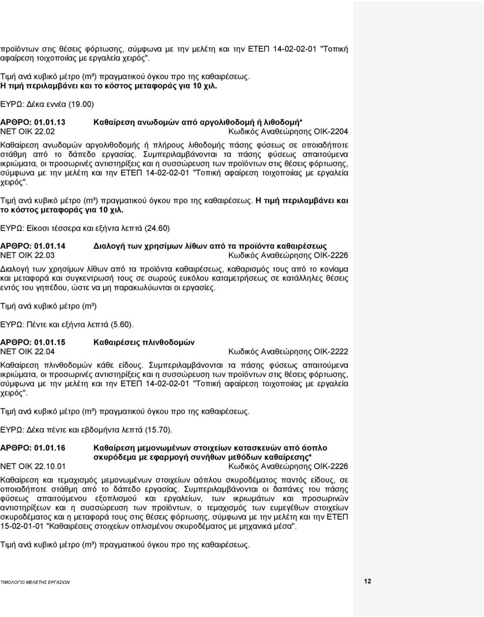 02 Καθαίρεση ανωδομών από αργολιθοδομή ή λιθοδομή* Κωδικός Αναθεώρησης ΟΙΚ-2204 Καθαίρεση ανωδομών αργολιθοδομής ή πλήρους λιθοδομής πάσης φύσεως σε οποιαδήποτε στάθμη από το δάπεδο εργασίας.