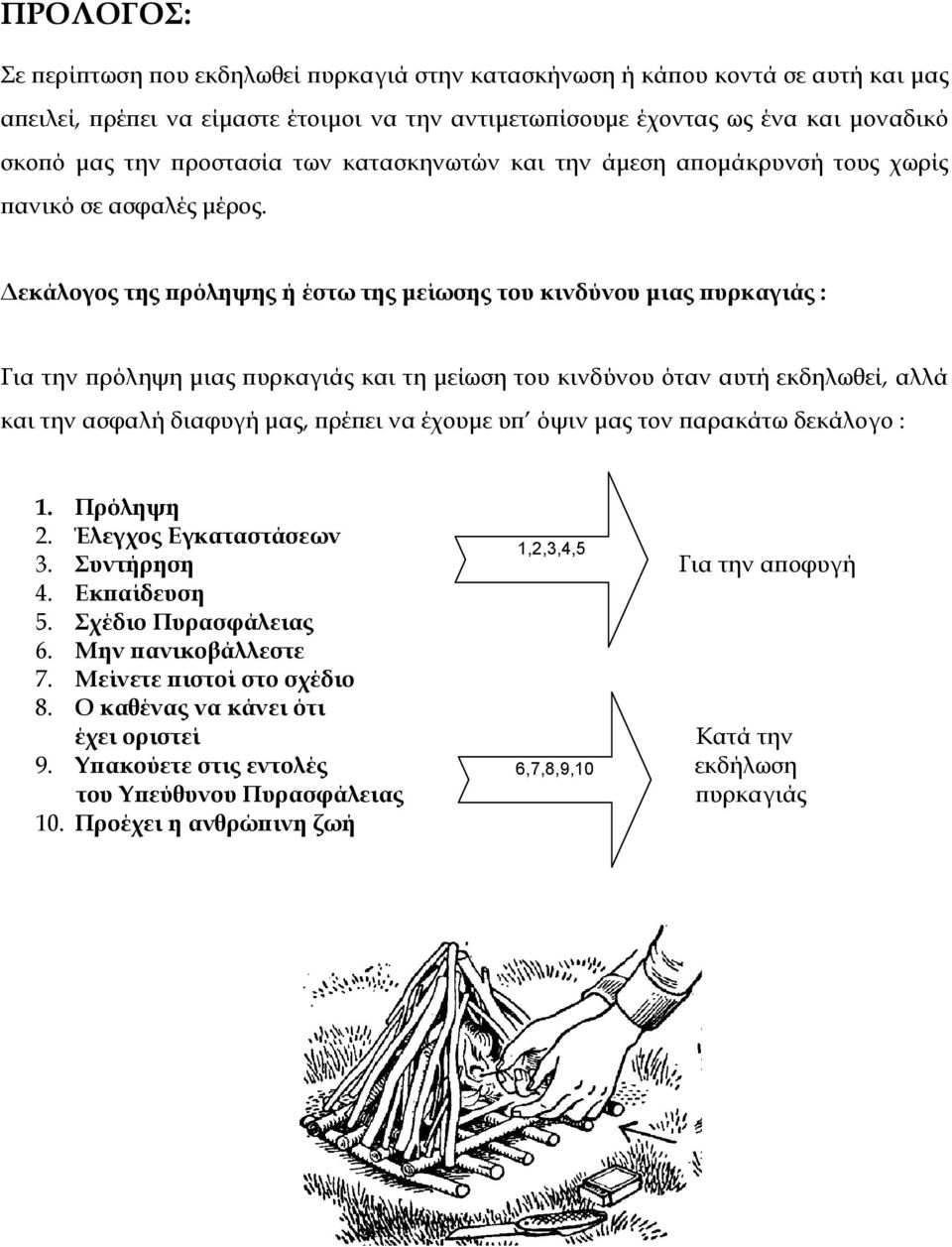 Δεκάλογος της πρόληψης ή έστω της μείωσης του κινδύνου μιας πυρκαγιάς : Για την πρόληψη μιας πυρκαγιάς και τη μείωση του κινδύνου όταν αυτή εκδηλωθεί, αλλά και την ασφαλή διαφυγή μας, πρέπει να