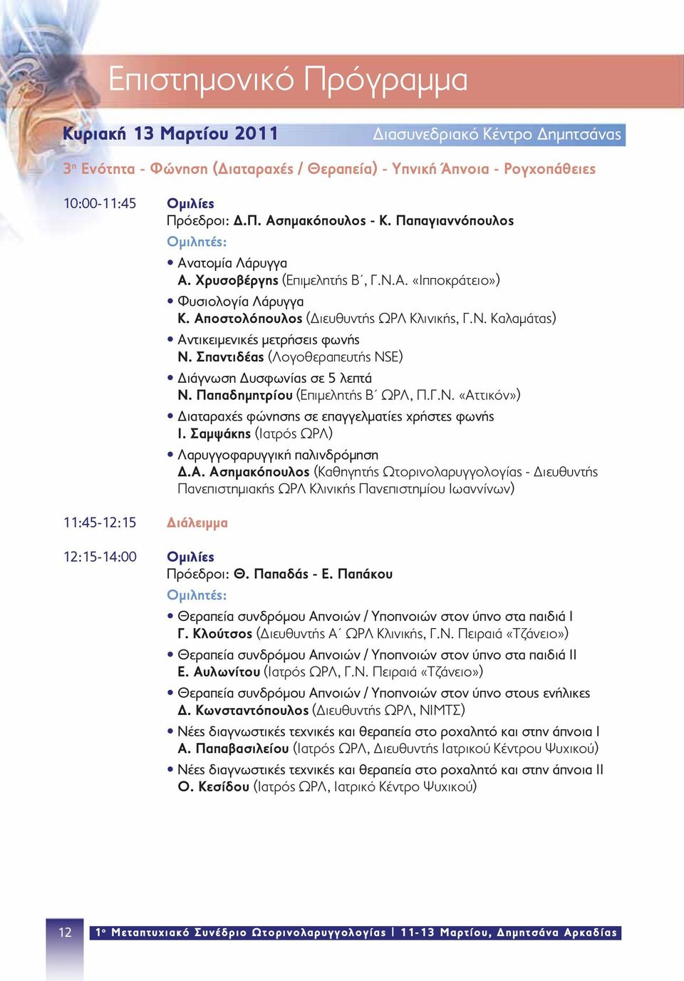 Σπαντιδέας (Λογοθεραπευτής NSΕ) Διάγνωση Δυσφωνίας σε 5 λεπτά Ν. Παπαδημητρίου (Επιμελητής Β ΩΡΛ, Π.Γ.Ν. «Αττικόν») Διαταραχές φώνησης σε επαγγελματίες χρήστες φωνής Ι.