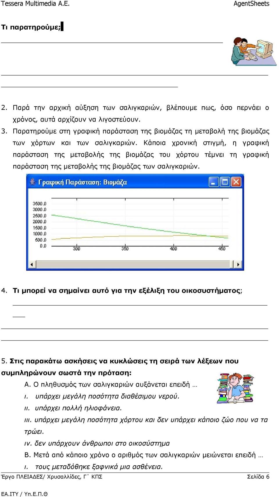 Κάποια χρονική στιγμή, η γραφική παράσταση της μεταβολής της βιομάζας του χόρτου τέμνει τη γραφική παράσταση της μεταβολής της βιομάζας των σαλιγκαριών. 4.