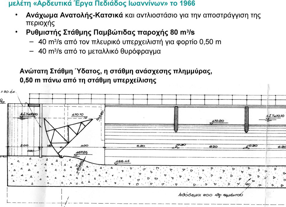 m3/s 40 m3/s από τον πλευρικό υπερχειλιστή για φορτίο 0,50 m 40 m3/s από το μεταλλικό