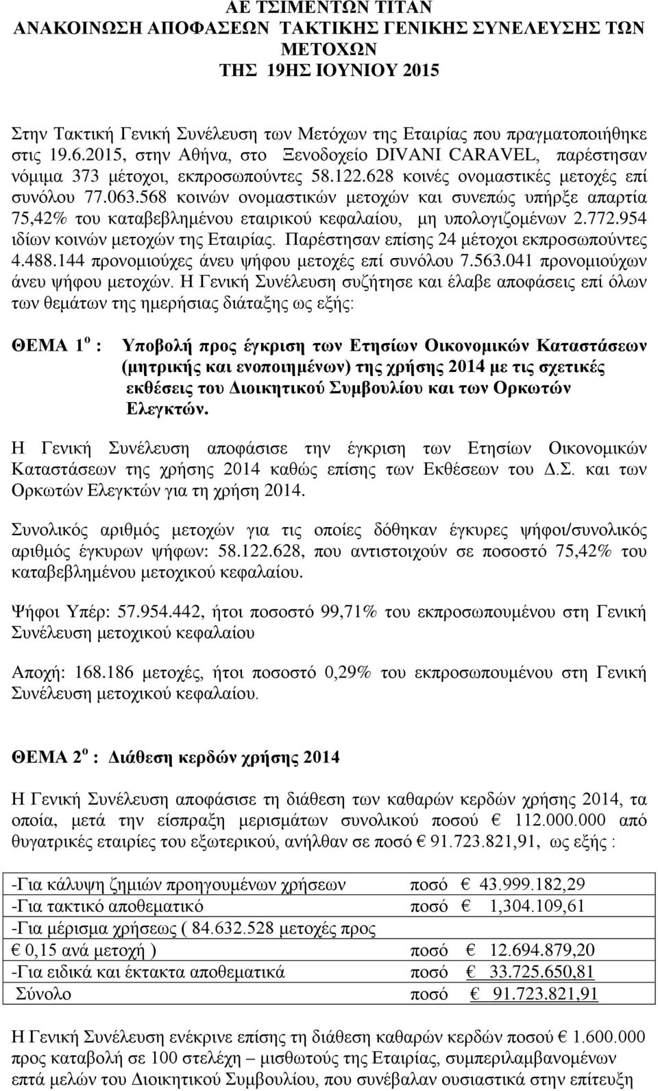 568 κοινών ονομαστικών μετοχών και συνεπώς υπήρξε απαρτία 75,42% του καταβεβλημένου εταιρικού κεφαλαίου, μη υπολογιζομένων 2.772.954 ιδίων κοινών μετοχών της Εταιρίας.