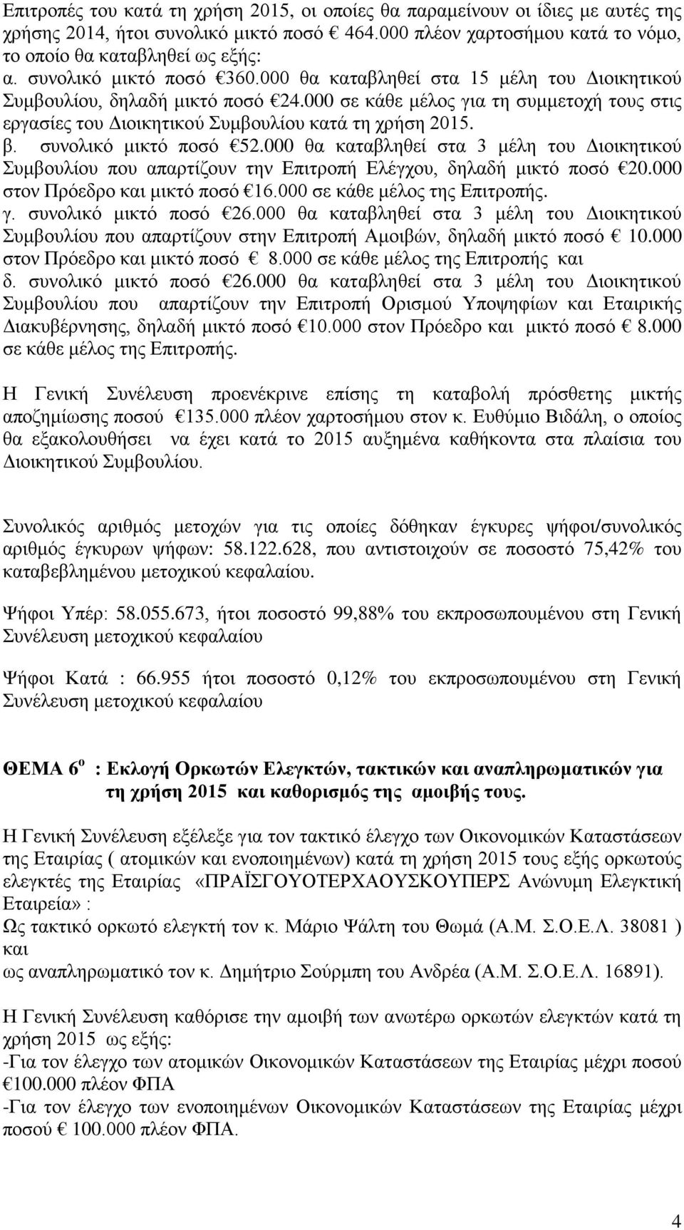 000 σε κάθε μέλος για τη συμμετοχή τους στις εργασίες του Διοικητικού Συμβουλίου κατά τη χρήση 2015. β. συνολικό μικτό ποσό 52.
