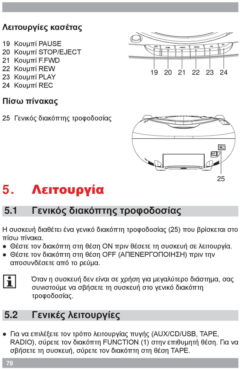 Θέστε τον διακόπτη στη θέση ON πριν θέσετε τη συσκευή σε λειτουργία. Θέστε τον διακόπτη στη θέση OFF (ΑΠΕΝΕΡΓΟΠΟΙΗΣΗ) πριν την αποσυνδέσετε από το ρεύμα. 5.