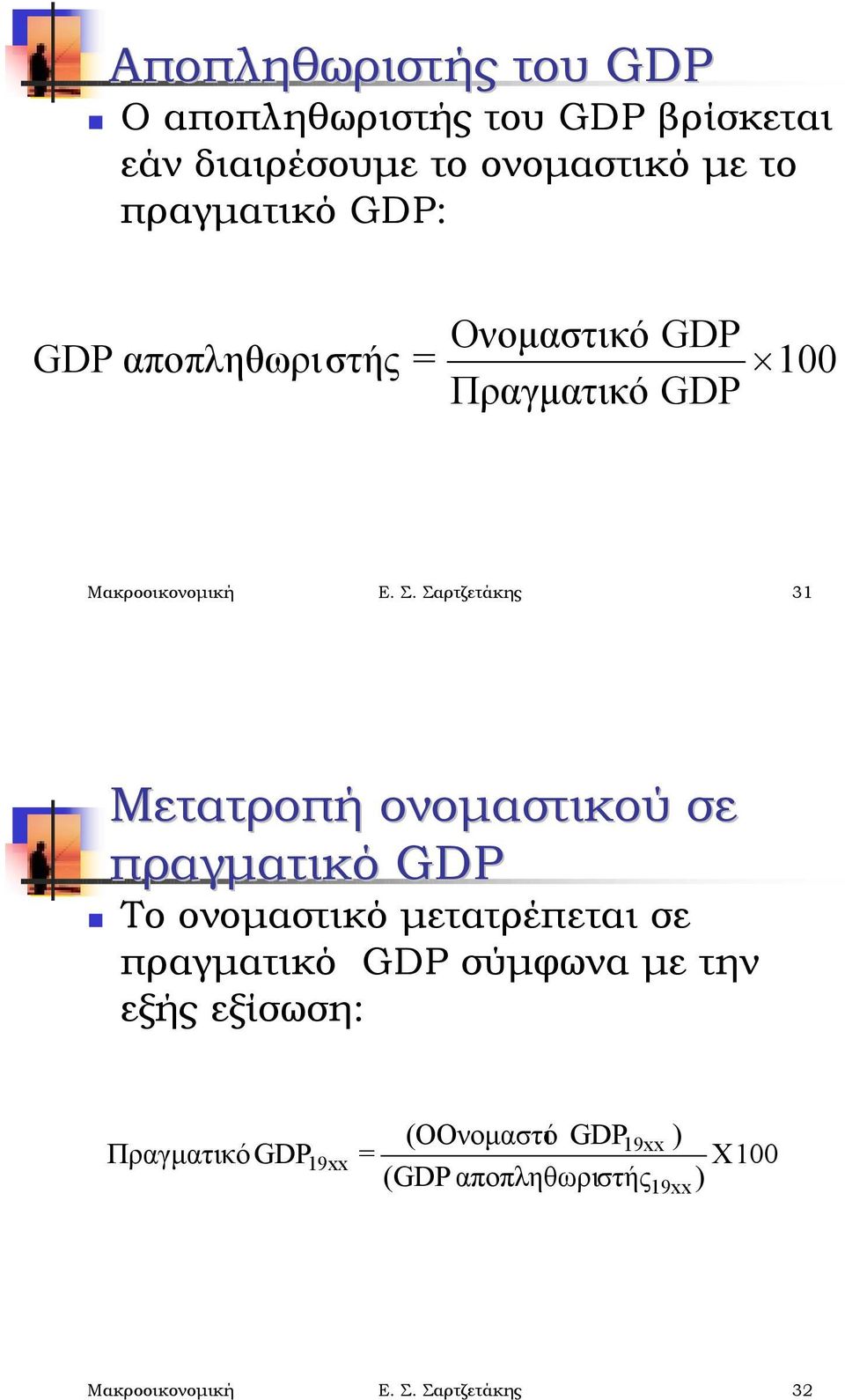 αποπληθωριστής = ( 100 Πραγματικό GDP Μακροοικονομική Ε. Σ.