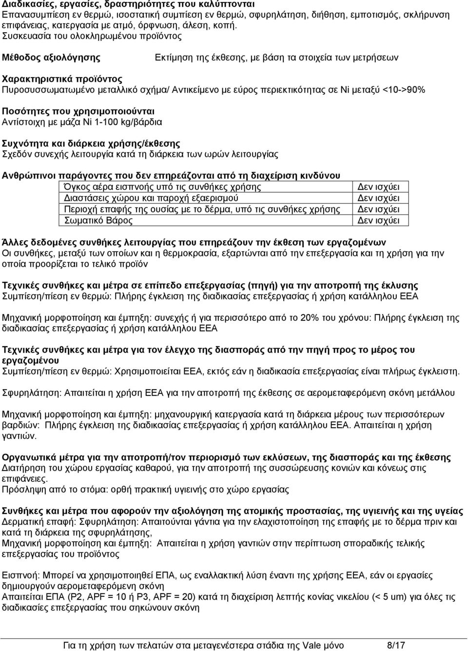 περιεκτικότητας σε Ni μεταξύ <10->90% Ποσότητες που χρησιμοποιούνται Αντίστοιχη με μάζα Ni 1-100 kg/βάρδια Συχνότητα και διάρκεια χρήσης/ Σχεδόν συνεχής λειτουργία κατά τη διάρκεια των ωρών