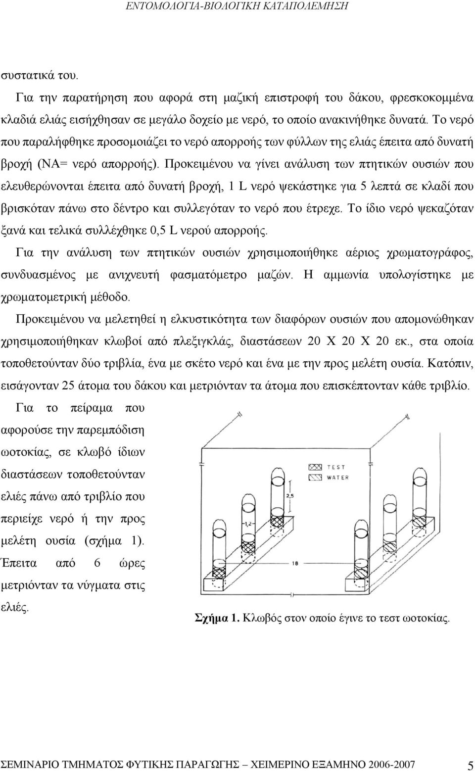 Προκειμένου να γίνει ανάλυση των πτητικών ουσιών που ελευθερώνονται έπειτα από δυνατή βροχή, 1 L νερό ψεκάστηκε για 5 λεπτά σε κλαδί που βρισκόταν πάνω στο δέντρο και συλλεγόταν το νερό που έτρεχε.