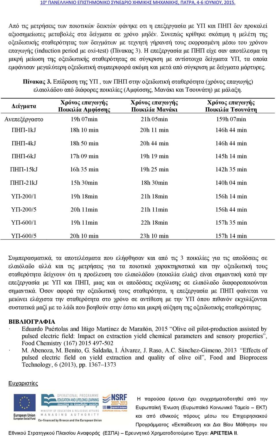 Η επεξεργασία με ΠΗΠ είχε σαν αποτέλεσμα τη μικρή μείωση της οξειδωτικής σταθερότητας σε σύγκριση με αντίστοιχα δείγματα ΥΠ, τα οποία εμφάνισαν μεγαλύτερη οξειδωτική συμπεριφορά ακόμη και μετά από