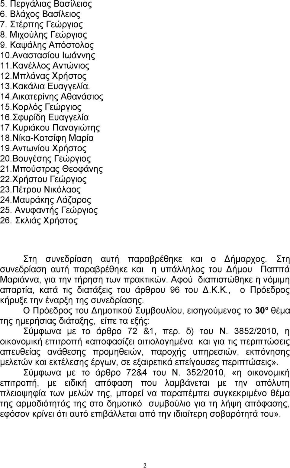 Πέτρου Νικόλαος 24.Μαυράκης Λάζαρος 25. Ανυφαντής Γεώργιος 26. Σκλιάς Χρήστος Στη συνεδρίαση αυτή παραβρέθηκε και ο Δήμαρχος.