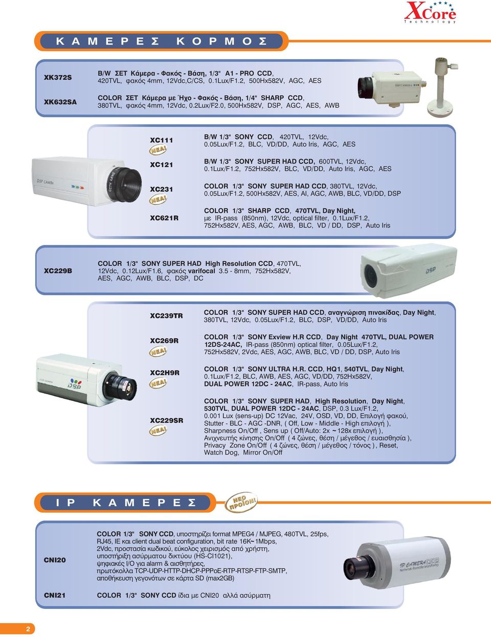 0, 500Hx582V, DSP, AGC, AES, AWB XC111 XC121 XC231 XC621R Β/ W 1/3" SONY CCD, 420TVL, 12Vdc, 0.05Lux/F1.2, BLC, VD/DD, Αuto Ιris, AGC, AES Β/ W 1/3" SONY SUPER HAD CCD, 600TVL, 12Vdc, 0.1Lux/F1.