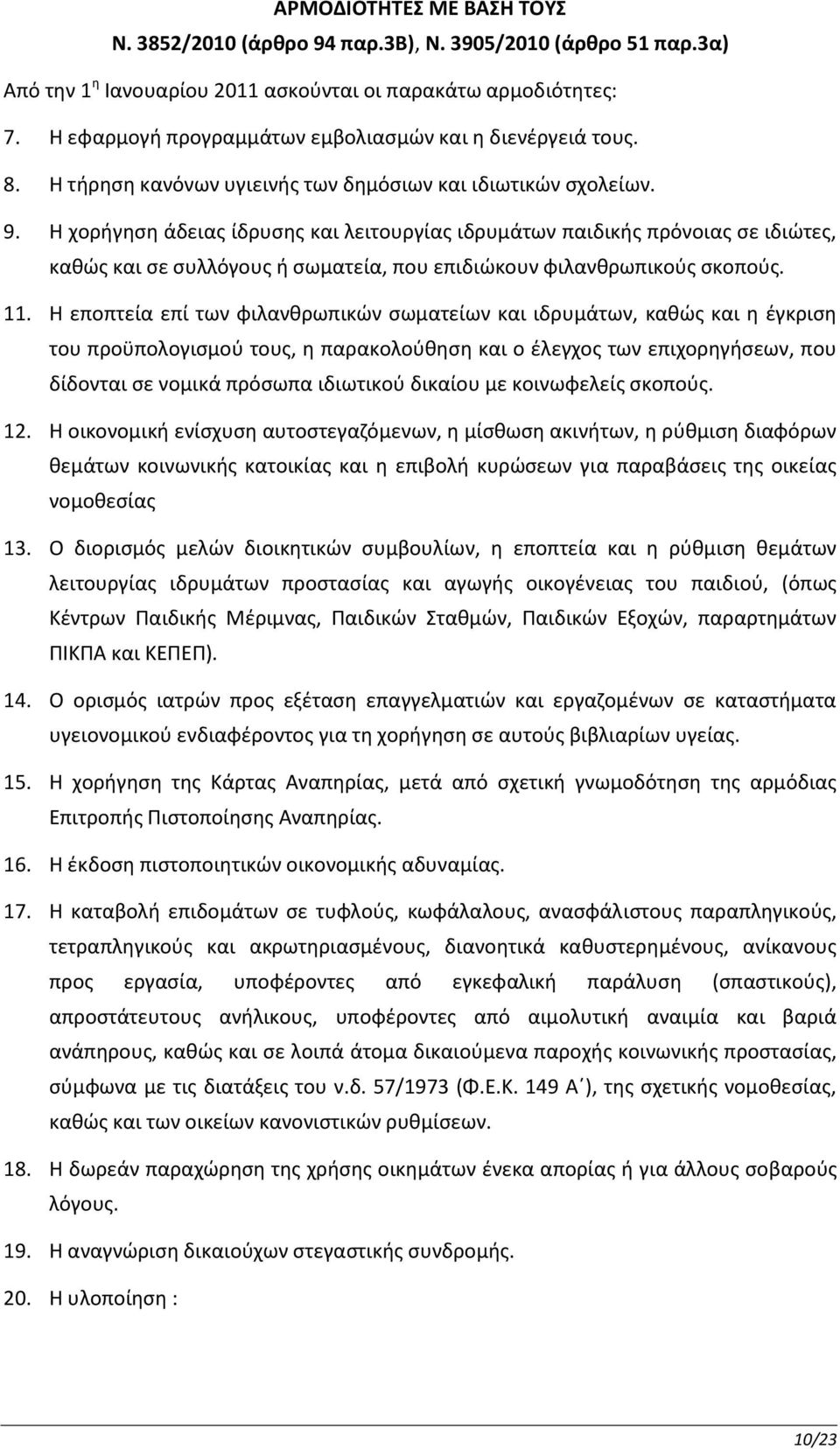 Η χορήγηση άδειας ίδρυσης και λειτουργίας ιδρυμάτων παιδικής πρόνοιας σε ιδιώτες, καθώς και σε συλλόγους ή σωματεία, που επιδιώκουν φιλανθρωπικούς σκοπούς. 11.