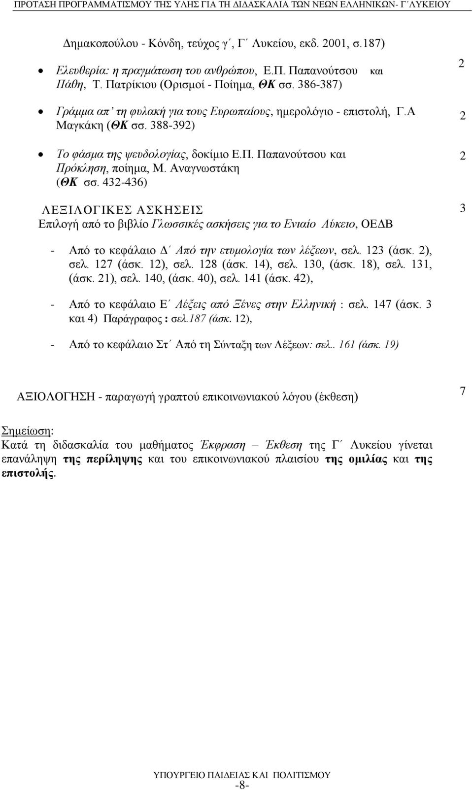 43-436) ΛΕΞΙΛΟΓΙΚΕΣ ΑΣΚΗΣΕΙΣ Επιλογή από το βιβλίο Γλωσσικές ασκήσεις για το Ενιαίο Λύκειο, ΟΕΔΒ 3 - Από το κεφάλαιο Δ Από την ετυμολογία των λέξεων, σελ. 3 (άσκ. ), σελ. 7 (άσκ. ), σελ. 8 (άσκ.