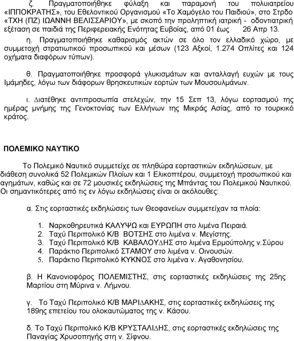 Πραγματοποιήθηκε καθαρισμός ακτών σε όλο τον ελλαδικό χώρο, με συμμετοχή στρατιωτικού προσωπικού και μέσων (123 Αξκοί, 1.274 Οπλίτες και 124 οχήματα διαφόρων τύπων). θ.