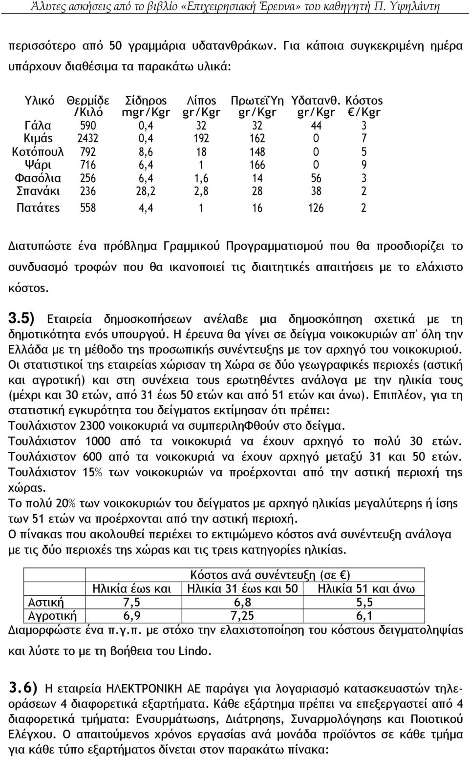 4,4 1 16 126 2 Διατυπώστε ένα πρόβληµα Γραµµικού Προγραµµατισµού που θα προσδιορίζει το συνδυασµό τροφών που θα ικανοποιεί τις διαιτητικέs απαιτήσειs µε το ελάχιστο κόστοs. 3.