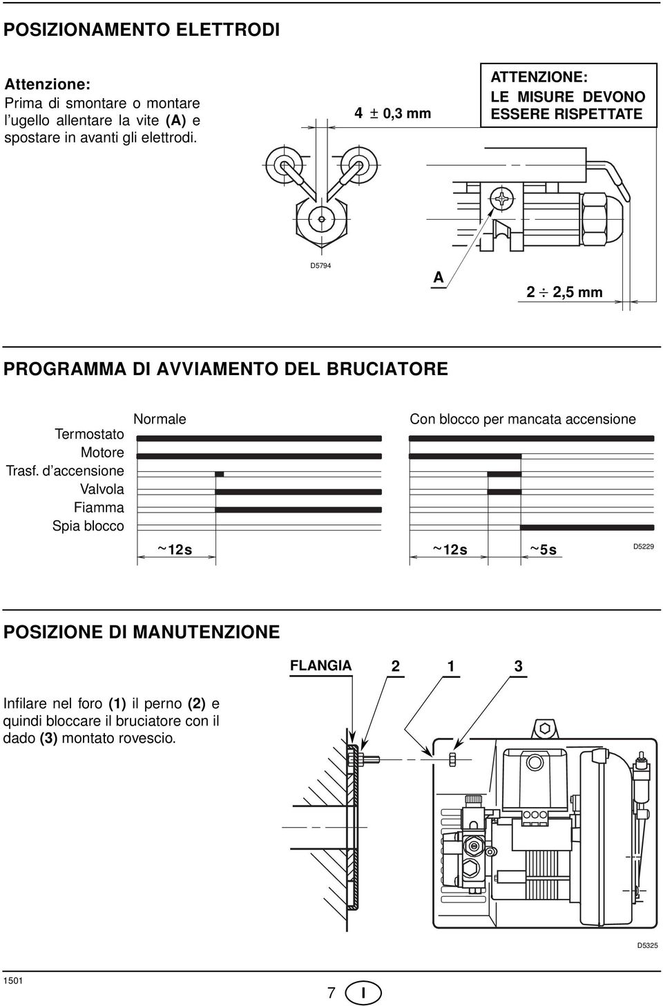 4 ± 0,3 mm ATTENZIONE: LE MISURE DEVONO ESSERE RISPETTATE D5794 A,5 mm PROGRAMMA DI AVVIAMENTO DEL BRUCIATORE Termostato Motore