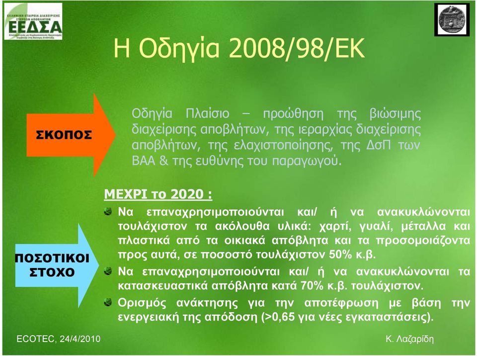 ΜΕΧΡΙ το 2020 : Να επαναχρησιμοποιούνται και/ ή να ανακυκλώνονται τουλάχιστον τα ακόλουθα υλικά: χαρτί, γυαλί, μέταλλα και πλαστικά από τα οικιακά απόβλητα και τα