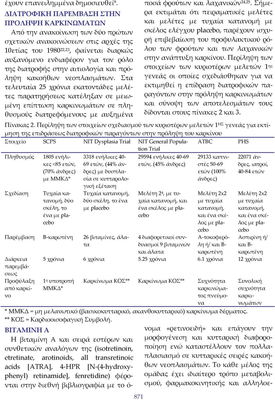 διατροφής στην αιτιολογία και πρόληψη κακοήθων νεοπλασμάτων.