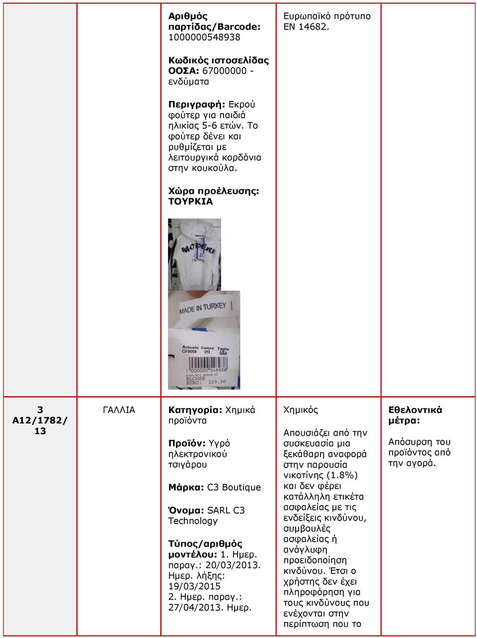 ΤΟΥΡΚΙΑ 3 A12/1782/ ΓΑΛΛΙΑ Κατηγορία: Χηµικά προϊόντα Προϊόν: Υγρό ηλεκτρονικού τσιγάρου Μάρκα: C3 Boutique Όνοµα: SARL C3 Technology µοντέλου: 1. Ηµερ. παραγ.: 20/03/20. Ηµερ. λήξης: 19/03/2015 2.