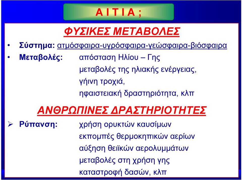 ηφαιστειακή δραστηριότητα, κλπ ΑΝΘΡΩΠΙΝΕΣ ΔΡΑΣΤΗΡΙΟΤΗΤΕΣ Ρύπανση: χρήση ορυκτών