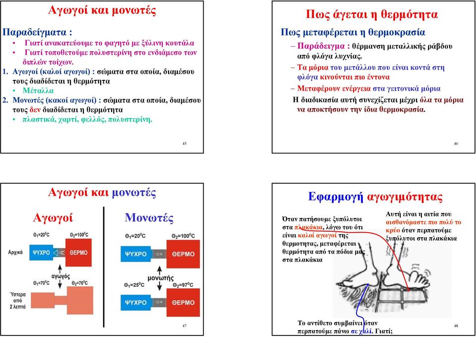 Μονωτές (κακοί αγωγοί) :σώµατα στα οποία, διαµέσου τους δεν διαδίδεται η θερµότητα πλαστικά, χαρτί, φελλός, πολυστερίνη.