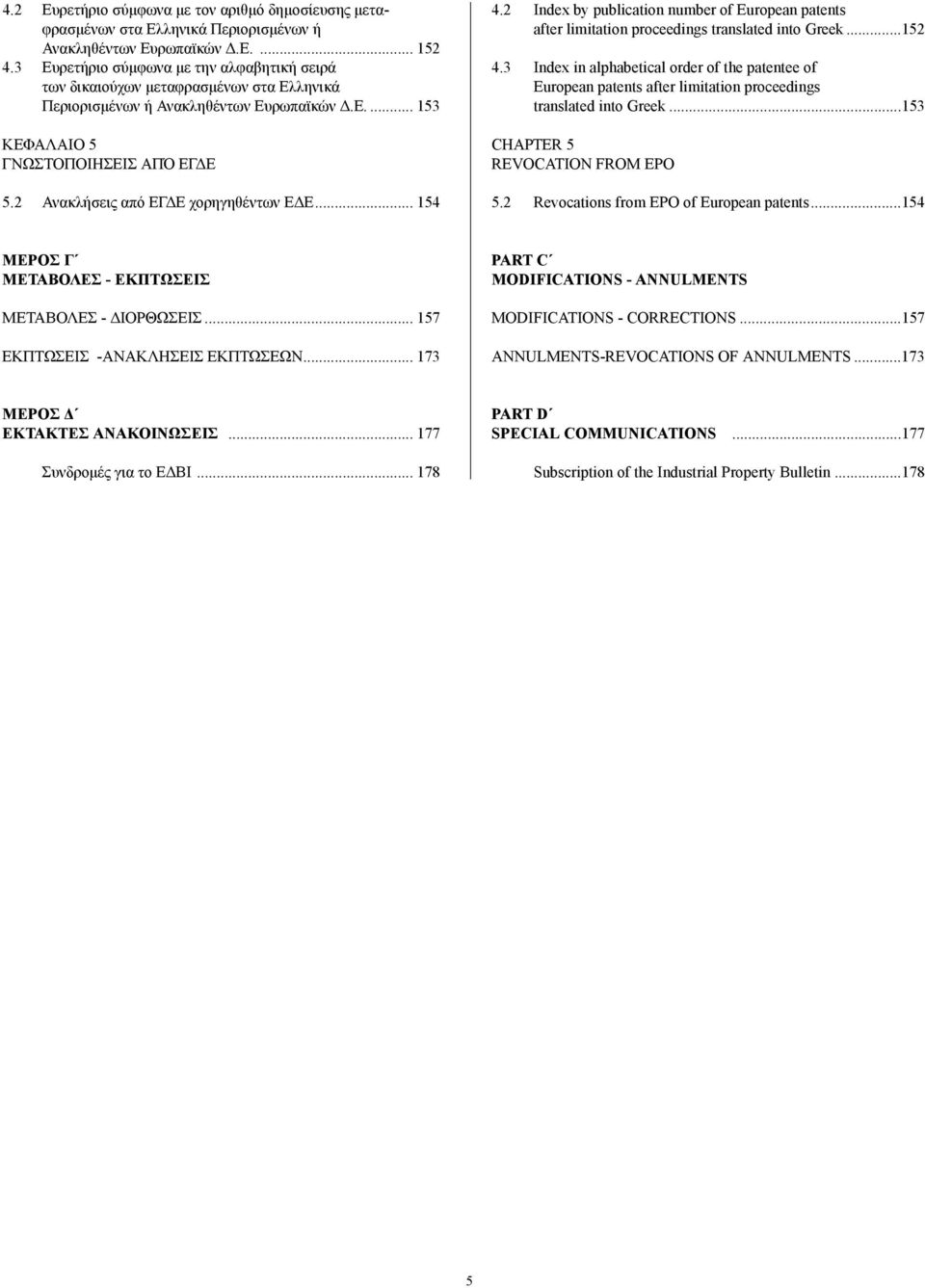 2 Ανακλήσεις από ΕΓ Ε χορηγηθέντων Ε Ε... 154 4.2 Index by publication number of European patents after limitation proceedings translated into Greek...152 4.